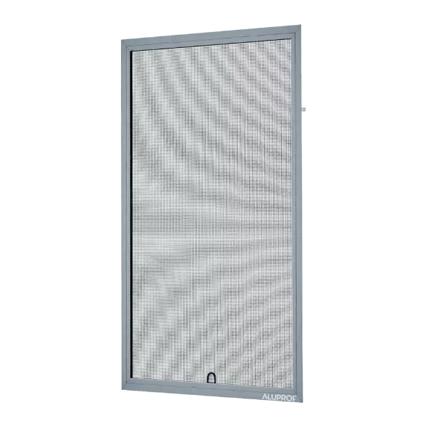 Prostokątna moskitiera okienna w aluminiowej ramie z drobną szarą siatką i małym uchwytem u dołu, model Aluprof.