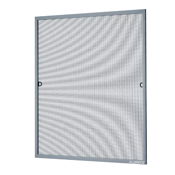 Prostokątna moskitiera okienna w aluminiowej ramie z drobną siatką i dwoma bocznymi uchwytami, model Aluprof.