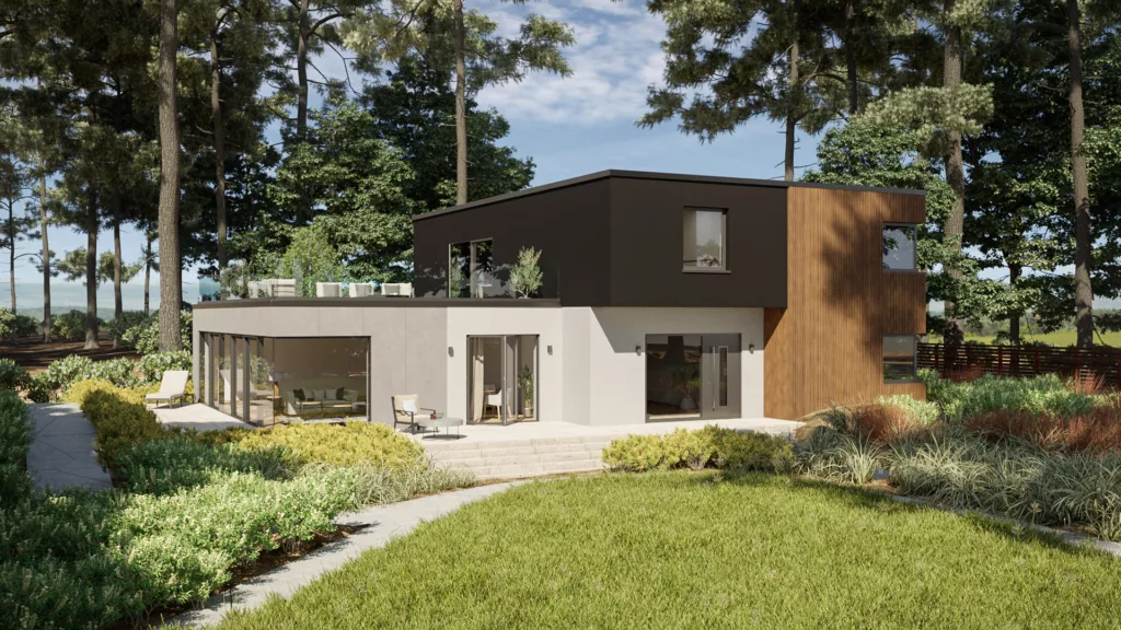 Nowoczesny, dwukondygnacyjny dom z płaskim dachem, dużymi przeszkleniami - oknami, drzwiami wejściowymi i drzwiami przesuwnymi aluminiowymi, schodami na patio, otoczony zadbanym ogrodem i wysokimi sosnami.