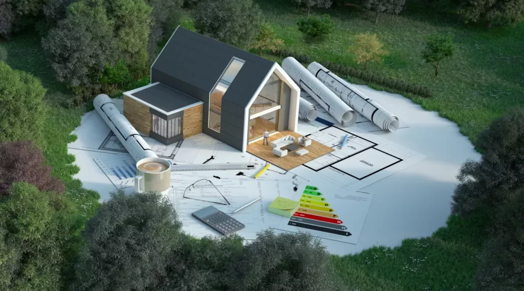 Makieta nowoczesnego domu stojąca na rozłożonych planach architektonicznych z rulonami projektów, kalkulatorem, ołówkiem i skalą efektywności energetycznej, w otoczeniu zieleni.