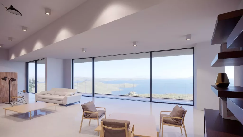 Jasny, minimalistyczny salon z dużymi drzwiami przesuwnymi HST od podłogi do sufitu i panoramicznym widokiem na morze z wyspami, z białą sofą, lekkimi fotelami i niskim stolikiem.