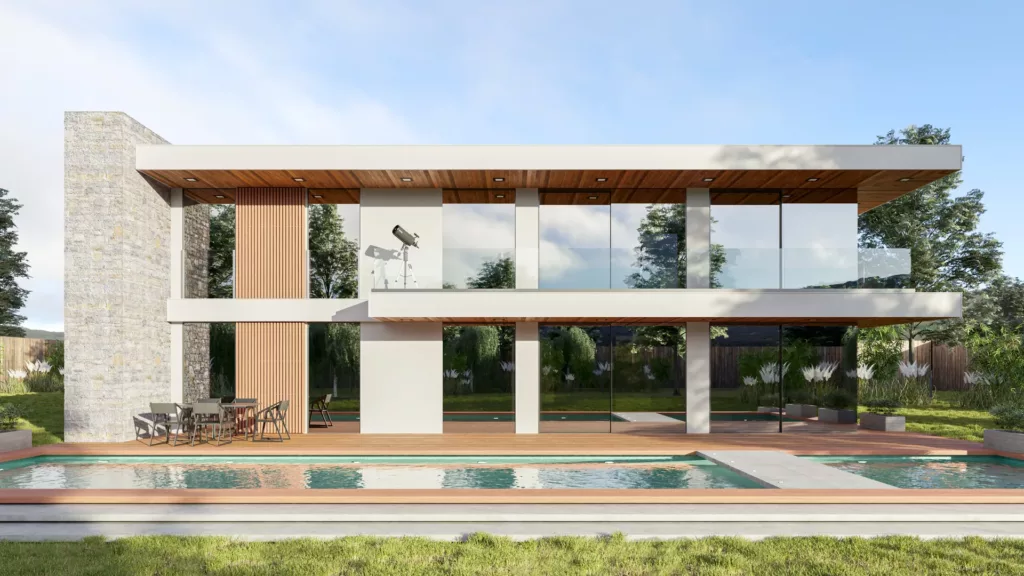 Nowoczesny, dwukondygnacyjny dom z dużymi przeszkleniami i płaskim dachem, z drewnianym tarasem i długim basenem w ogrodzie; na piętrze szklana balustrada i teleskop.