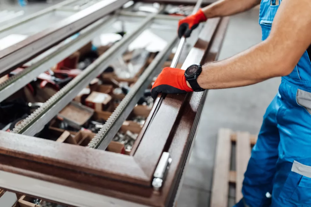 Pracownik w niebieskim kombinezonie i czerwonych rękawicach montuje listwy przyszybowe w drewnopodobnym skrzydle okiennym na stanowisku warsztatowym.