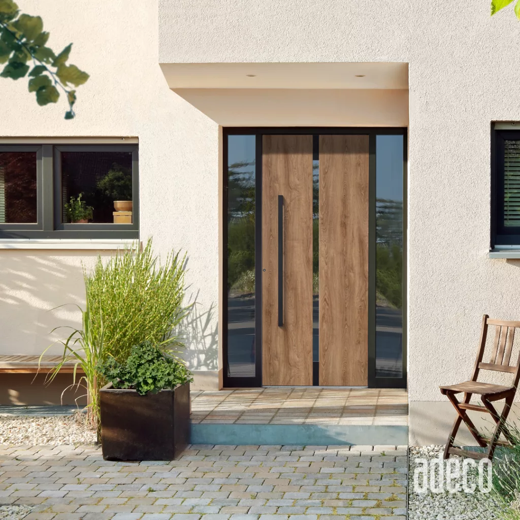 Nowoczesne wejście do domu z drewnopodobnymi drzwiami PVC frontowymi z długim czarnym uchwytem i wąskimi bocznymi przeszkleniami, na tle jasnego tynku, z donicą z trawami i składanym krzesłem na brukowanym podejściu.