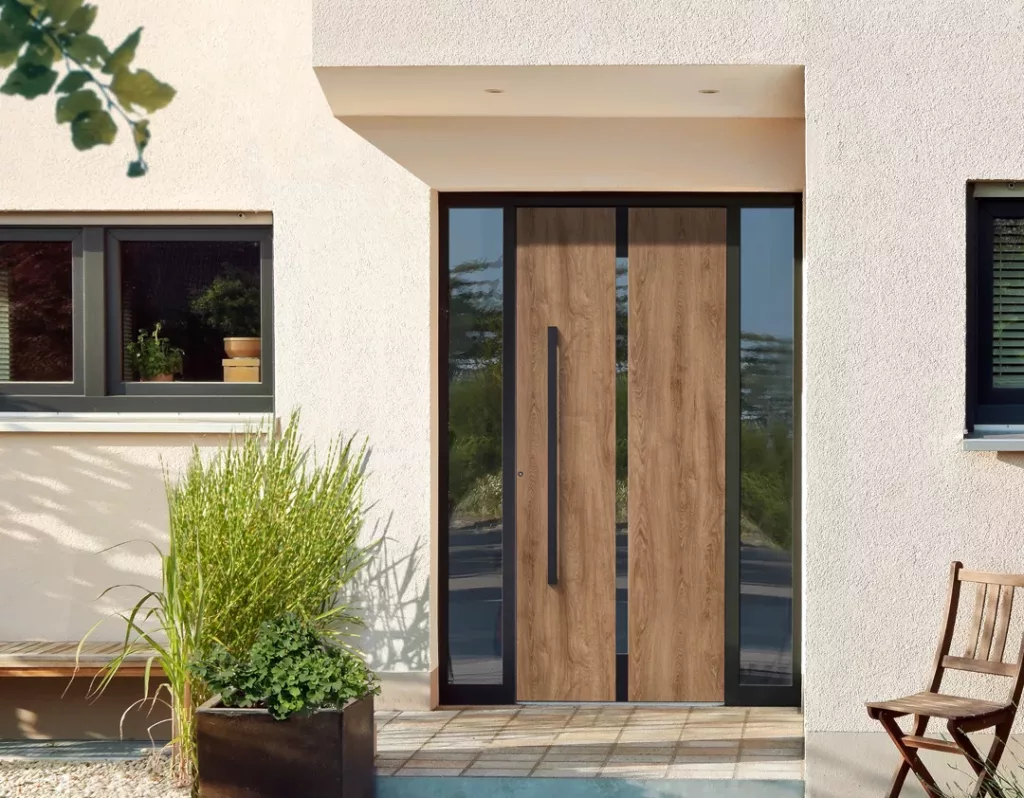 Nowoczesne wejście do domu z drewnopodobnymi drzwiami PVC frontowymi z długim czarnym uchwytem i wąskimi bocznymi przeszkleniami, na tle jasnego tynku, z donicą z trawami i składanym krzesłem na brukowanym podejściu.