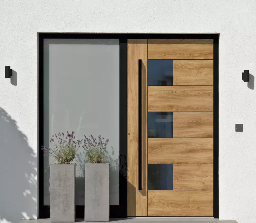 Nowoczesne wejście z drewnianymi drzwiami o poziomych panelach i długim pionowym uchwycie, szklanymi wstawkami oraz dużym matowym naświetlem bocznym, w czarnej ramie na białej elewacji, z dwiema betonowymi donicami z lawendą i czarnymi kinkietami.