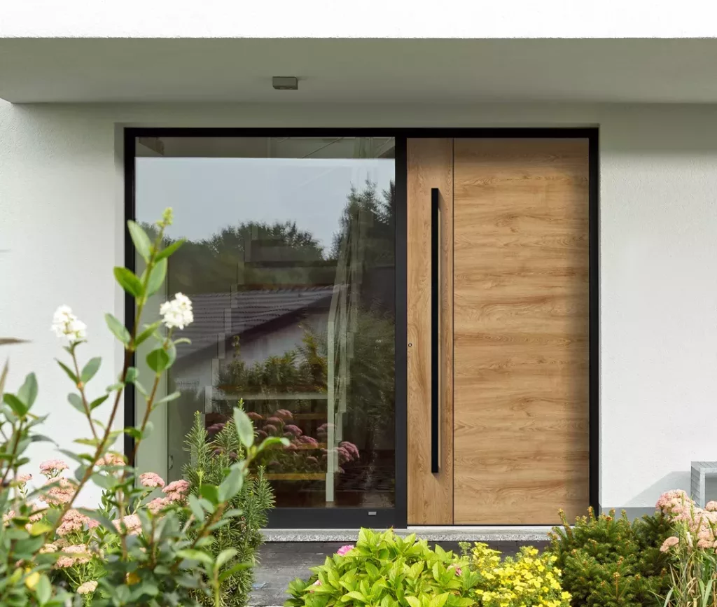 Nowoczesne wejście do domu: drewniane drzwi z długim czarnym uchwytem obok dużej tafli szkła, otoczone białą elewacją i frontowym ogrodem z kwitnącymi krzewami.