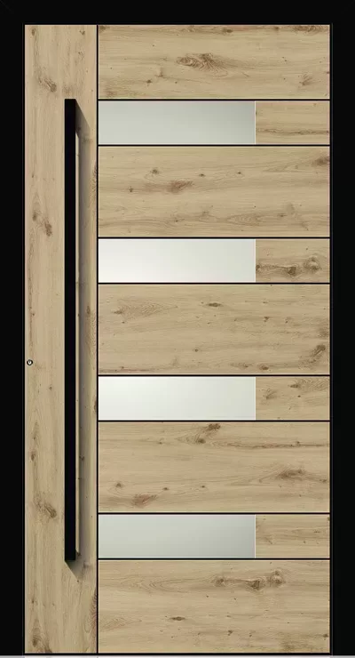 Nowoczesne drzwi z poziomych paneli w dębowym wykończeniu z sękami, z naprzemiennymi wstawkami z matowego szkła i wysokim pionowym uchwytem po lewej, w czarnej ramie.