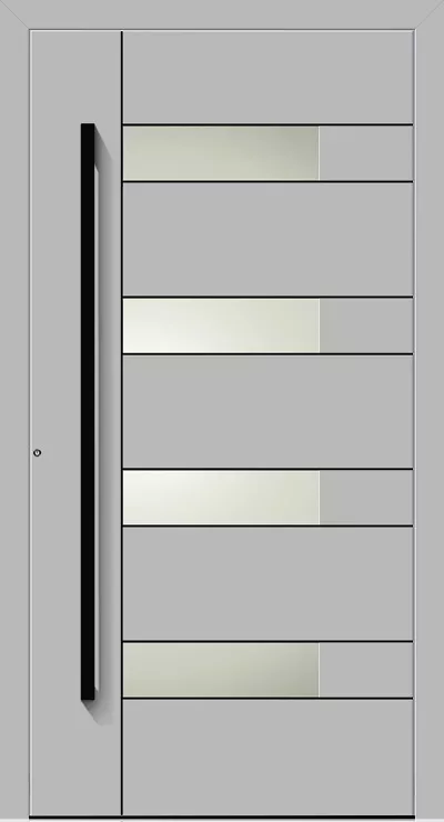 Nowoczesne szare drzwi wejściowe z długim czarnym pionowym pochwytem po lewej oraz czterema wąskimi mlecznymi przeszkleniami w poziomych panelach.