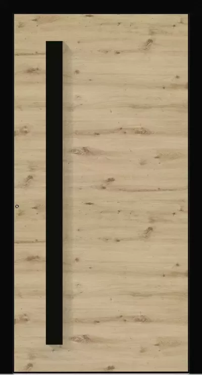 Nowoczesne drzwi z jasnego drewna z widocznym usłojeniem i sękami, z długą pionową czarną wnęką/uchwytem przy lewej krawędzi w czarnej ramie.