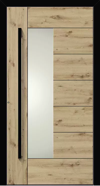 Nowoczesne drzwi wejściowe z jasnego drewna z widocznymi słojami, z wąskim pionowym matowym przeszkleniem po lewej i długim czarnym uchwytem w czarnej ramie.