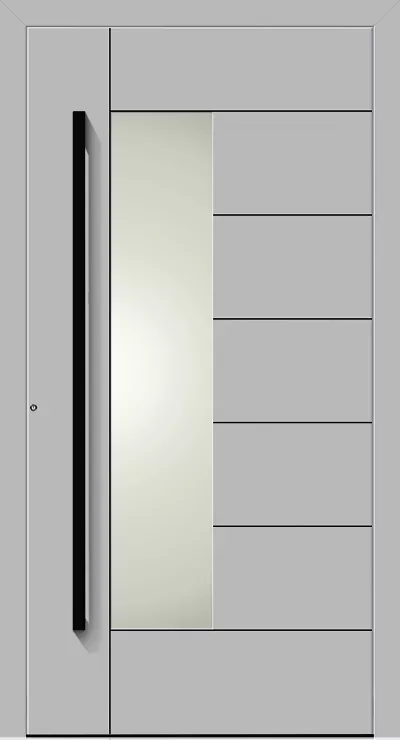Nowoczesne szare drzwi wejściowe z wąskim pionowym przeszkleniem po lewej, długim czarnym uchwytem i czterema poziomymi panelami po prawej.