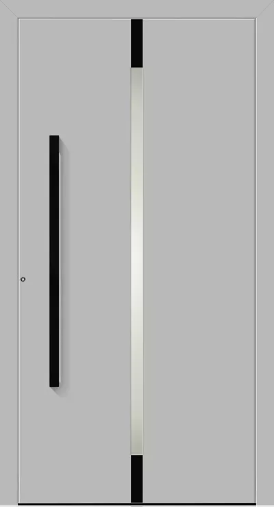 Nowoczesne, szare drzwi wejściowe z wąskim pionowym przeszkleniem pośrodku i długim czarnym uchwytem po lewej stronie.