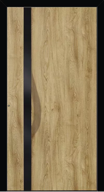 Nowoczesne drzwi o wzorze jasnego dębu z pionowym czarnym pasem i długim, zintegrowanym uchwytem po lewej, w czarnej ramie.