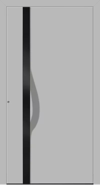 Minimalistyczne szare drzwi z długim pionowym czarnym uchwytem po lewej i małą okrągłą dziurką od klucza.