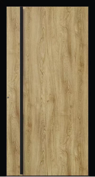 Minimalistyczne drzwi z okleiną dębową w czarnej ramie, z długim pionowym czarnym uchwytem przy lewym boku i wąskim bocznym panelem.