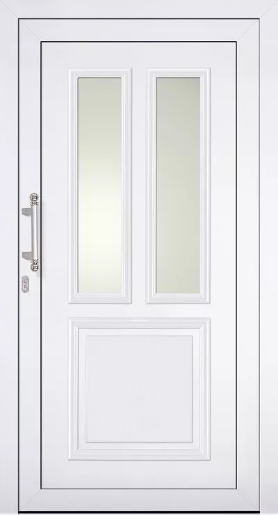 Białe drzwi wejściowe z wypełnieniem drzwiowym Adeco Amsterdam z dwoma wąskimi pionowymi matowymi przeszkleniami, srebrną klamką po lewej i prostokątnym dolnym panelem.