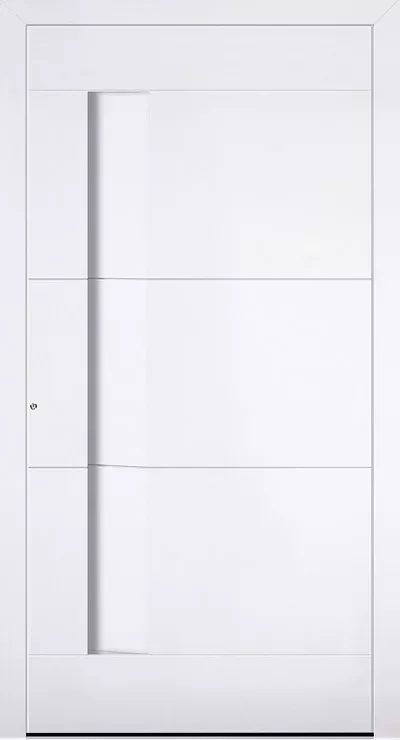 Białe, minimalistyczne drzwi wewnętrzne z trzema poziomymi podziałami i pionową, wpuszczaną wnęką-uchwytem po lewej stronie.