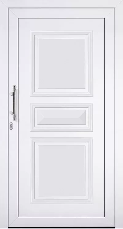 Białe drzwi wejściowe z wypełnieniem drzwiowy Adeco bruxelles z trzema frezowanymi panelami, pionowym metalowym uchwytem i zamkiem po lewej stronie.