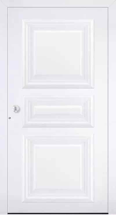 Białe drzwi z trzema frezowanymi panelami (górny i dolny kwadratowy, środkowy poziomy prostokąt) oraz srebrną gałką po lewej.