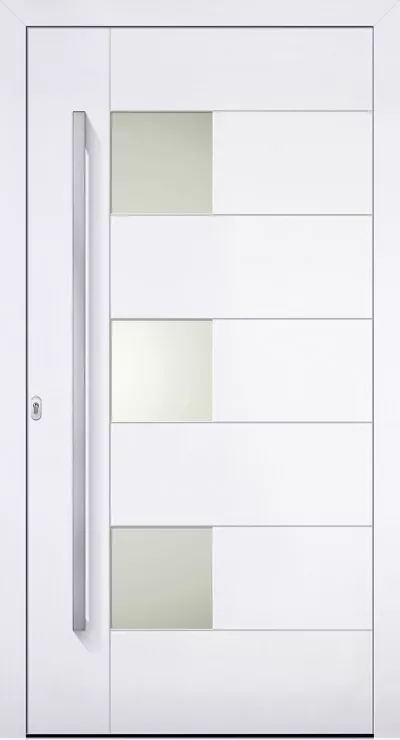 Nowoczesne białe drzwi wejściowe z wypełnieniem drzwiowym Adeco Caverro z poziomymi panelami, trzema matowymi przeszkleniami po lewej stronie i długim pionowym pochwytem ze stali.