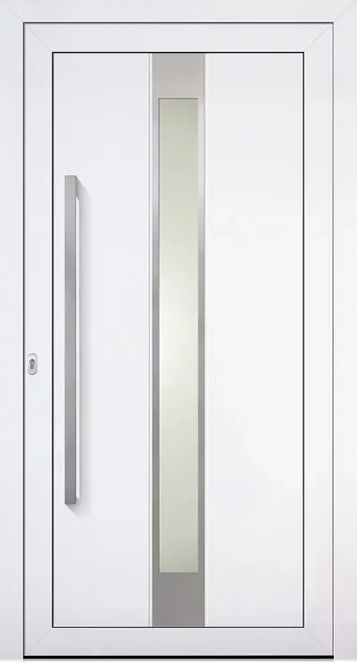 Nowoczesne białe drzwi wejściowe z wypełnieniem drzwiowym Adeco Intelio z wąskim, pionowym matowym przeszkleniem i długim metalowym pochwytem po lewej stronie.