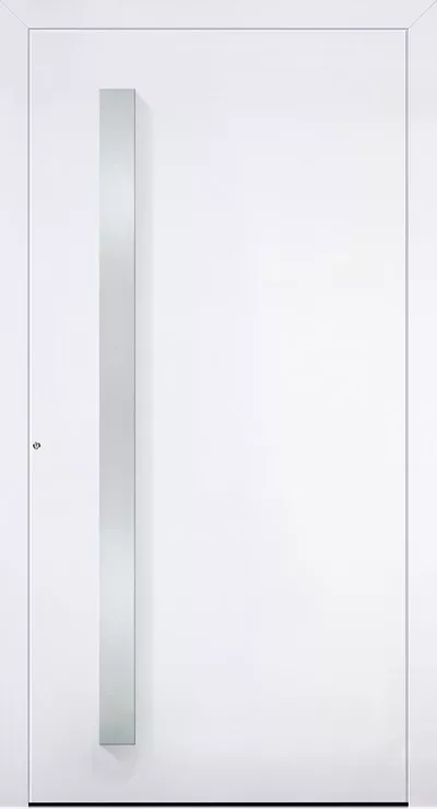 Minimalistyczne białe drzwi z długim pionowym metalowym uchwytem po lewej stronie.