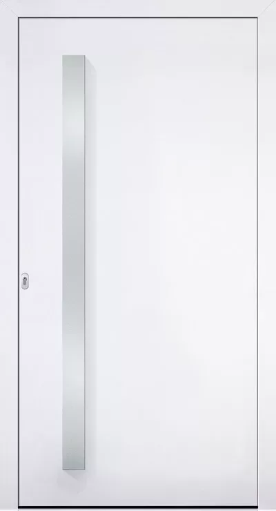 Minimalistyczne białe drzwi z wypełnieniem drzwiowym Adeco Lightrail z długim, pionowym metalowym pochwytem i zamkiem po lewej stronie.