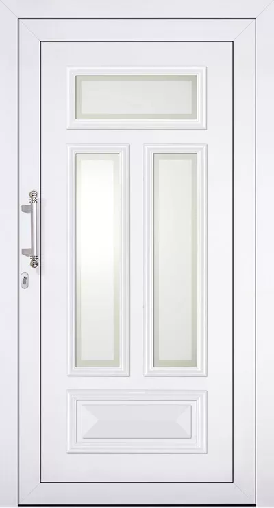 Białe drzwi wejściowe wypełnieniem drzwiowym Adeco Paris z trzema matowymi przeszkleniami — poziomym u góry i dwoma wąskimi pionowymi pośrodku — metalowym pochwytem po lewej stronie oraz dekoracyjnym panelem u dołu.