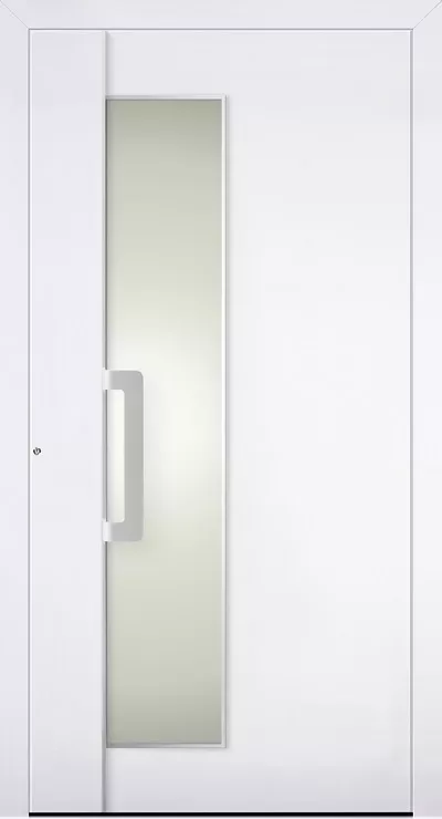 Białe, nowoczesne drzwi wejściowe z wąskim pionowym matowym przeszkleniem i długim metalowym uchwytem po lewej stronie.