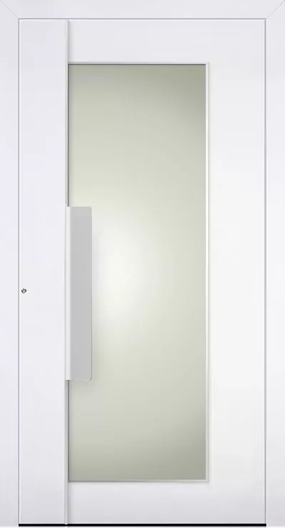 Nowoczesne białe drzwi wejściowe z dużym matowym przeszkleniem na całą wysokość i długim pionowym uchwytem po lewej stronie.