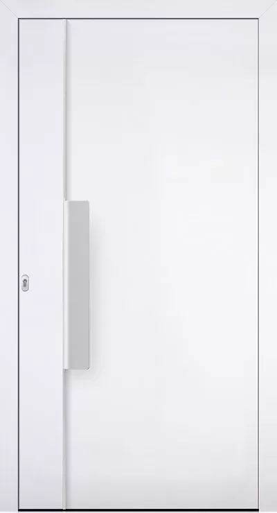 Białe, nowoczesne drzwi o gładkim panelu z wypełnieniem drzwiowym Adeco Soul01 z długim pionowym pokchwytem po lewej stronie, utrzymane w minimalistycznym stylu.
