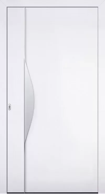 Nowoczesne białe drzwi wejściowe z wypełnieniem drzwiowym Adeco Swing01 z jednolitym białym panelem drzwiowym z zintegrowanym, wygiętym srebrnym uchwytem.