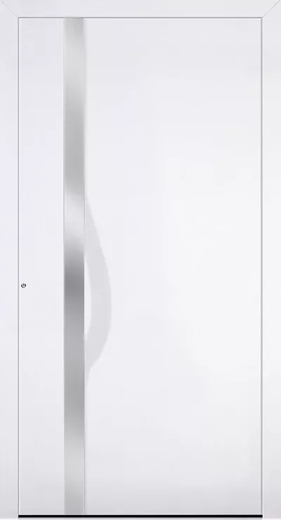 Białe, nowoczesne drzwi wejściowe z długim pionowym uchwytem ze stali szczotkowanej po lewej stronie i małym okrągłym zamkiem, o minimalistycznym wykończeniu.