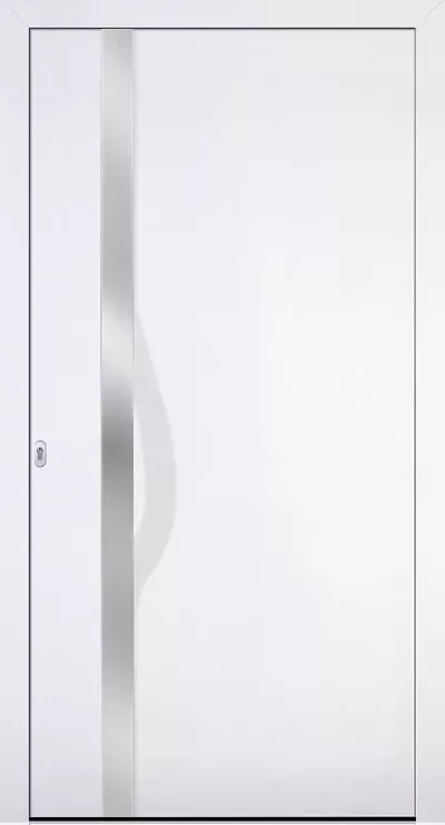 Minimalistyczne białe drzwi z wypełnieniem drzwiowym Adeco Talio z długim pionowym pochwytem ze stali szczotkowanej po lewej stronie i widoczną wkładką zamka, w prostej nowoczesnej ramie.