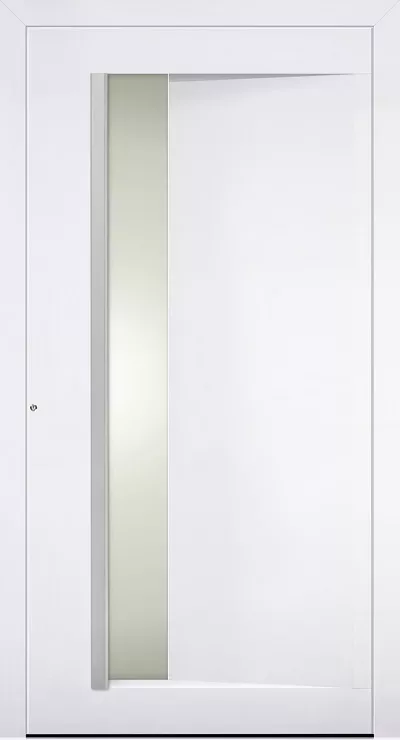 Białe, nowoczesne drzwi z wąskim pionowym przeszkleniem po lewej stronie.