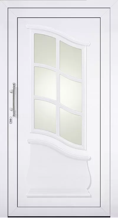 Białe drzwi wejściowe z wypełnieniem drzwiowym Adeco Usedom z pionową klamką po lewej stronie, falistym oknem z sześcioma matowymi szybami i dekoracyjnym panelem u dołu.