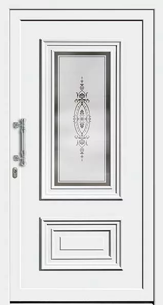 Białe drzwi wejściowe z pionową szybą z matowego szkła z dekoracyjnym ornamentem, metalową klamką po lewej i profilowanymi panelami u dołu.