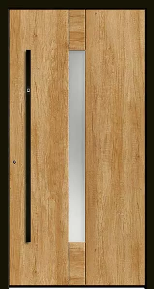 Nowoczesne drewniane drzwi w kolorze jasnego dębu z wąskim pionowym przeszkleniem pośrodku i długim czarnym uchwytem po lewej stronie.