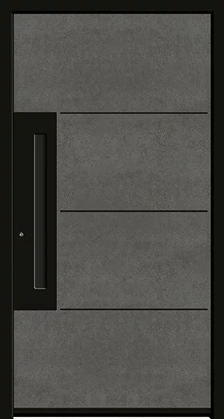 Nowoczesne, ciemnoszare drzwi wejściowe z betonową fakturą, trzema poziomymi przetłoczeniami i długim pionowym uchwytem na czarnym panelu po lewej.