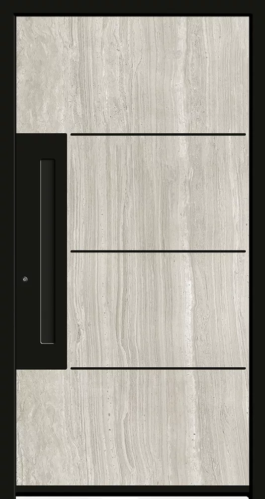 Nowoczesne drzwi wejściowe w czarnej ramie, z jasnoszarym panelem o kamiennej fakturze i trzema poziomymi czarnymi liniami, z wąskim pionowym przeszkleniem po lewej stronie.
