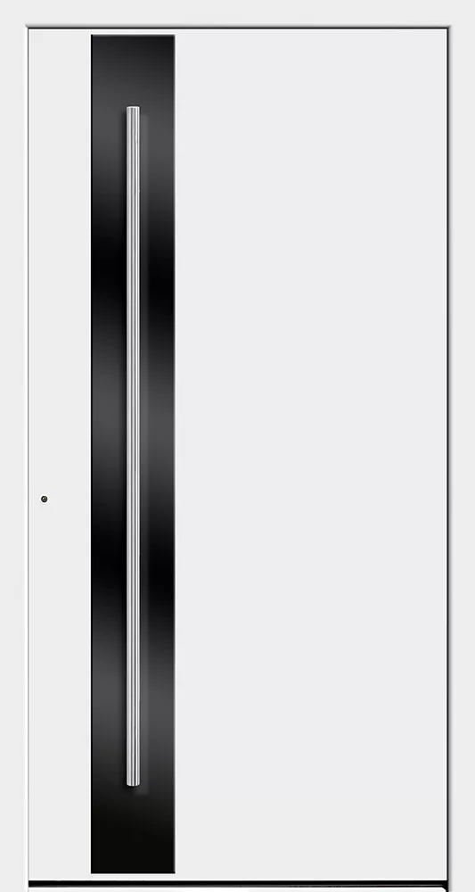 Nowoczesne białe drzwi wejściowe z wąskim czarnym pasem po lewej i długim pionowym stalowym uchwytem.