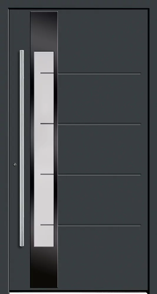Nowoczesne grafitowe drzwi wejściowe z długim pionowym uchwytem po lewej, wąskim pionowym przeszkleniem w czarnej ramce i poziomymi frezowaniami na płycie.