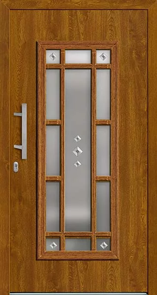 Drewniane drzwi wejściowe w kolorze dębu z pionowym, matowym przeszkleniem podzielonym szprosami na prostokąty i ozdobami w kształcie rombów, z nowoczesną srebrną klamką po lewej.