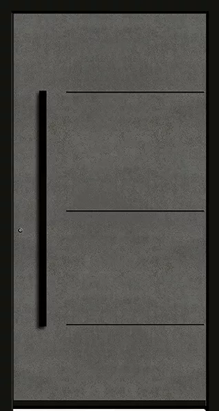 Nowoczesne grafitowe drzwi wejściowe z betonową fakturą, trzema poziomymi nacięciami i długim czarnym pionowym uchwytem po lewej, w czarnej ramie.
