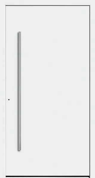 Minimalistyczne białe drzwi z długim, pionowym metalowym uchwytem po lewej i małym okrągłym otworem obok.