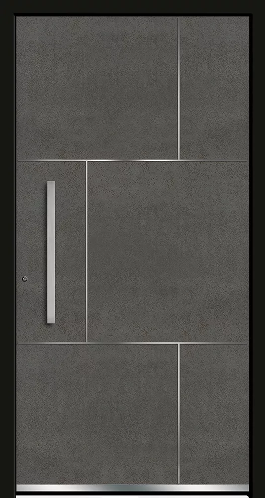 Nowoczesne, ciemnoszare drzwi z długim pionowym uchwytem po lewej oraz minimalistycznym, geometrycznym podziałem paneli z metalicznymi liniami.