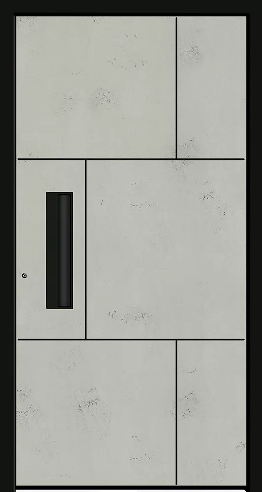 Nowoczesne drzwi wejściowe z szarego, betonowego wykończenia, z czarną ramą, wąskim pionowym uchwytem wpuszczanym po lewej i podziałami na prostokątne panele.