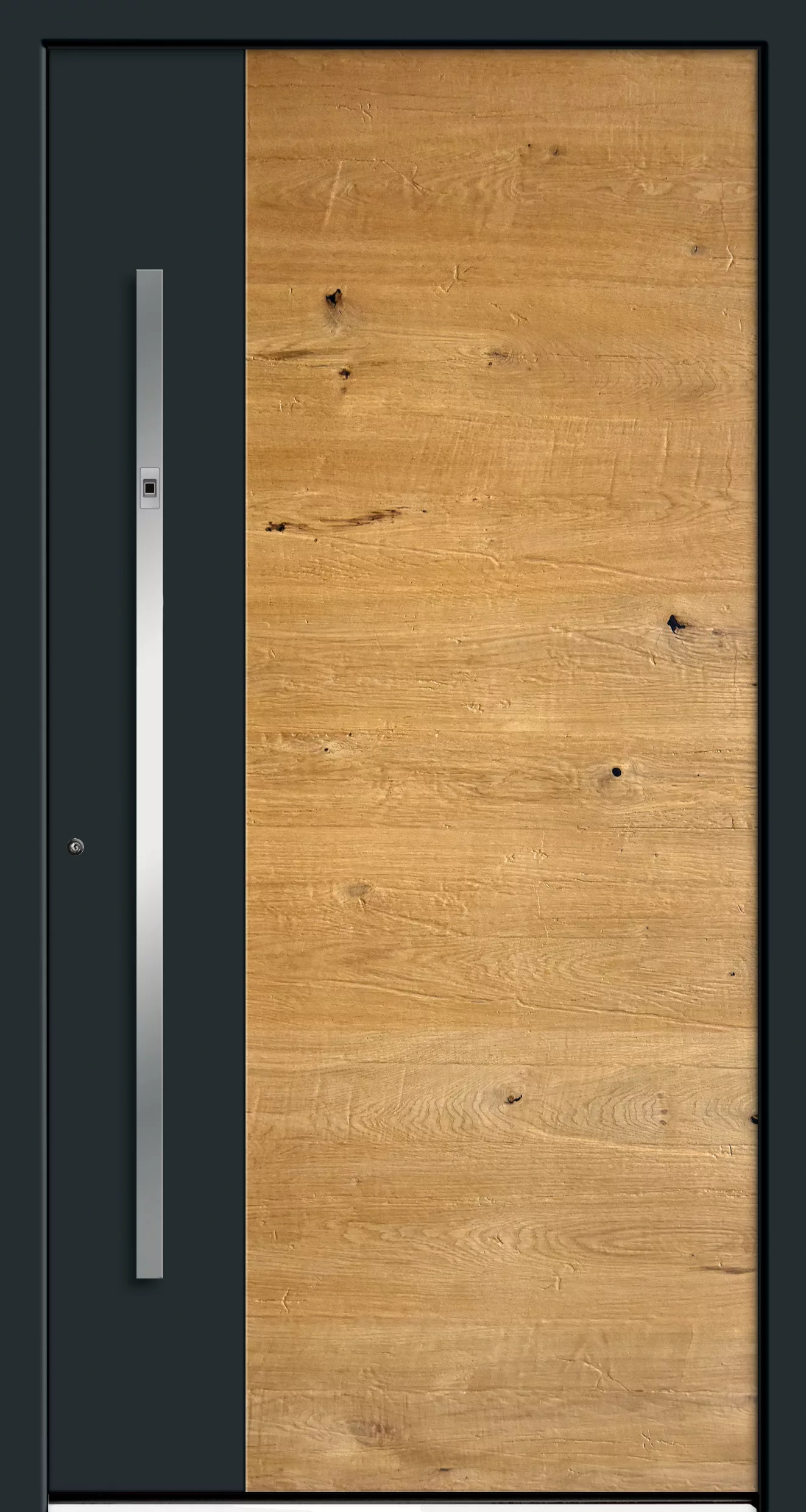 Nowoczesne drzwi wejściowe: szeroki panel z jasnego, sękatego drewna po prawej i wąski grafitowy pas po lewej z długim, pionowym metalowym uchwytem.