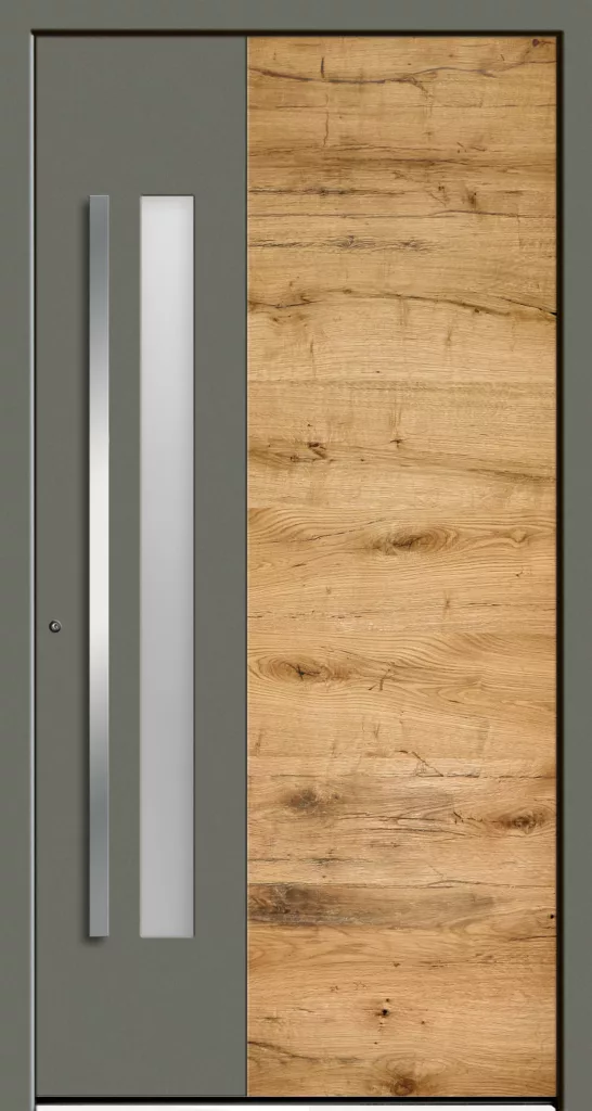 Nowoczesne drzwi wejściowe: po prawej duży panel z naturalnym drewnem o wyraźnym usłojeniu, po lewej grafitowy panel z dwoma wąskimi matowymi przeszkleniami i długim stalowym pochwytem.